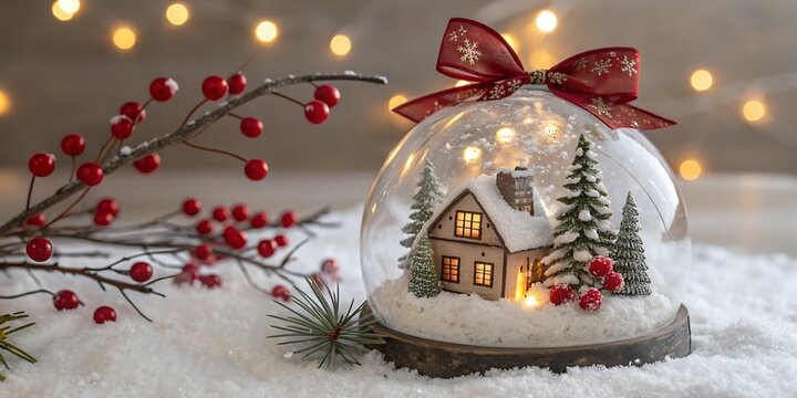 Enchanting christmas snow globe featuring a cozy miniature house and festive fir trees illuminated by warm fairy lights adorned with a red ribbon bow