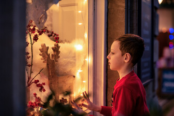 Young boy in red sweater standing outdoors and looking at a festive holiday window display, adorned with lights, decorations, and a reindeer figure, the magic of the season and childhood wonder.