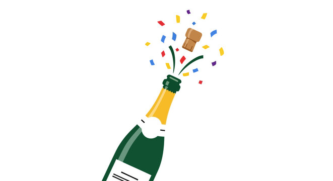 A bottle of champagne bursts open with a flying cork and colorful confetti