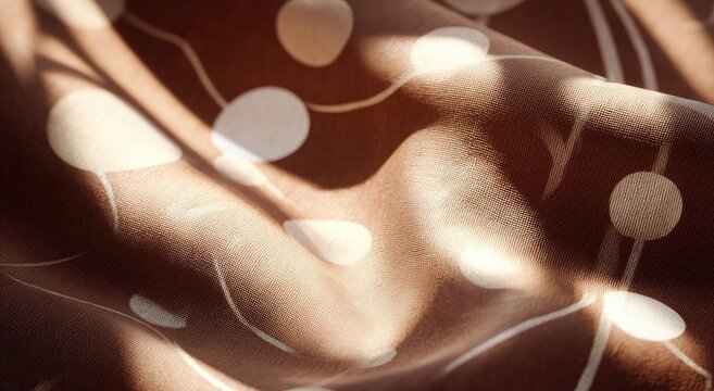 Close-up of a draped, light brown fabric with a subtle, white polka dot pattern and sun-dappled shadows