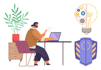 Professional at desk pointing to laptop screen, creative gears within light bulb, shield icon for protection. Ideal for productivity, innovation, cybersecurity, creativity, problem-solving, teamwork