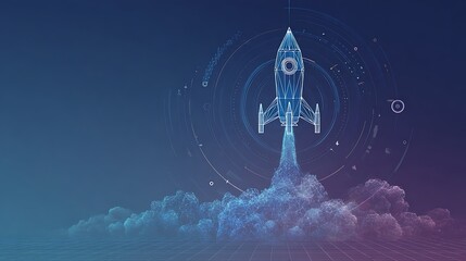 Wireframe Rocket Launch with HUD: Digital Startup Success, Technology Performance, or Fast Growth Concept