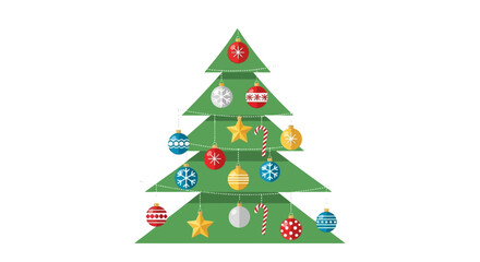 A geometric Christmas tree adorned with ornaments and candy canes
