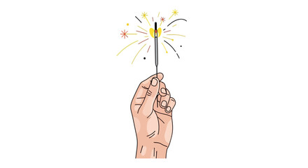 A hand holds a lit sparkler producing golden and red sparks against a white backdrop