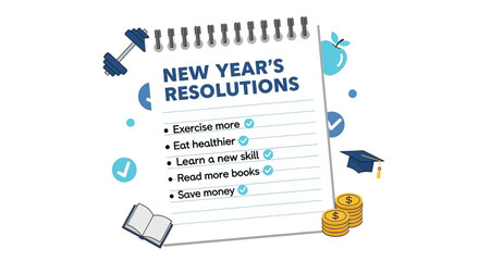 A new years resolution list sits on a white background with related clip art