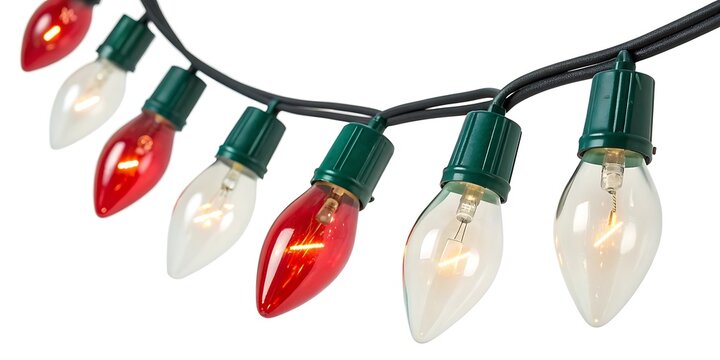 Close up view of a string of red and clear incandescent christmas lights with green bases on a white background perfect for holiday decorations