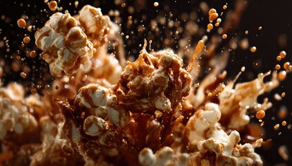 Caramel popcorn explodes in a delicious, sugary splash