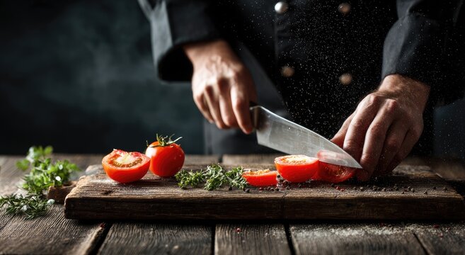 Chef's hands expertly slicing tomatoes on a rustic wooden board