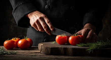 Chef slicing tomatoes on a rustic wooden board