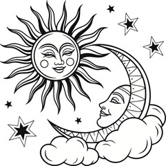 A black and white illustration presents a celestial scene, featuring stylized sun and moon faces. The composition centers on three main elements two suns and a crescent moon. The suns are rendered wit