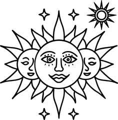 A black and white illustration presents a celestial scene, featuring stylized sun and moon faces. The composition centers on three main elements two suns and a crescent moon. The suns are rendered wit
