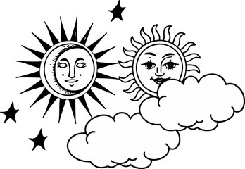 A black and white illustration presents a celestial scene, featuring stylized sun and moon faces. The composition centers on three main elements two suns and a crescent moon. The suns are rendered wit