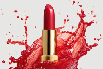 Red lipstick in splash of red liquid