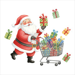 Watercolor Santa pushing shopping cart full of gifts, cheerful Christmas vector illustration on white background
