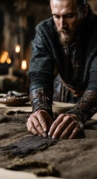 Viking craftsman at Work: An ancient bearded craftsman carefully examining animal hide, engrossed in his work. He embodies the historical traditions of the Viking era.