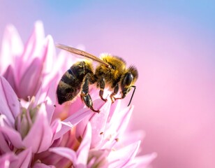 Macro shot of a bee pollinating a pink flower with a soft, blurred background
