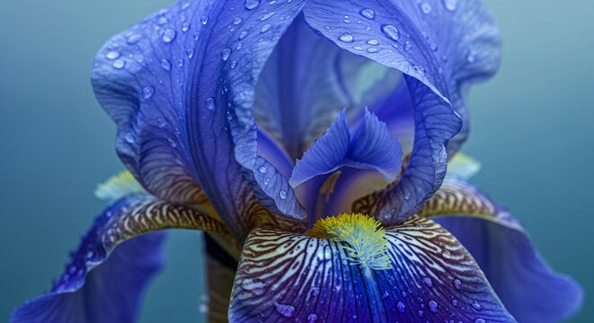 Blue iris flower with water drops. Macro shot of fresh spring bloom. Detailed banner template of artistic floral background for greeting card.