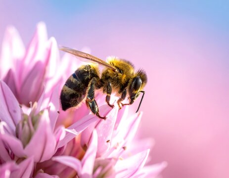 Macro shot of a bee pollinating a pink flower with a soft, blurred background