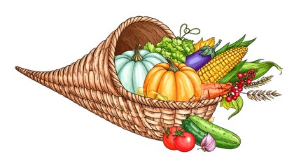 A vibrant illustration depicts a cornucopia overflowing with colorful autumn harvest produce against a white background