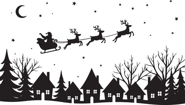 Beautiful Christmas illustration of Santa Claus flying in his sleigh pulled by reindeer across a snowy winter sky