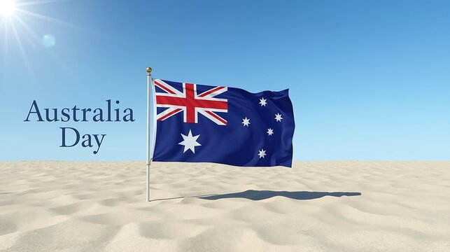 Australia day text with australian flag on sand under clear blue sky