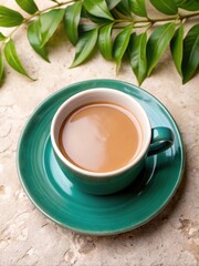 Warm coffee cup resting on a turquoise saucer surrounded by vibrant greenery in a cozy setting
