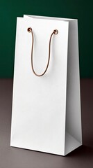 A plain white paper gift bag with a simple brown cord handle stands upright on a dark surface against a dark green background.