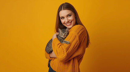 Smiling Woman in Yellow Sweater Holding a Cute Tabby Cat Against an Orange Background