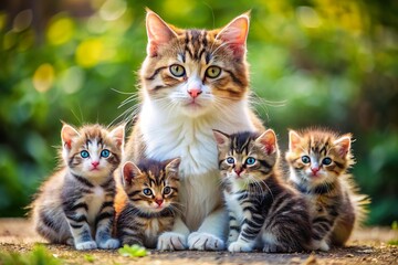 Kind cat surrounded by her adorable little kittens in a sunny garden, showcasing their playful spirit and affection