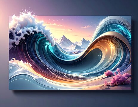 A vibrant digital painting depicts an abstract ocean scene. Waves curl and flow, merging with snowy mountains under a colorful sky