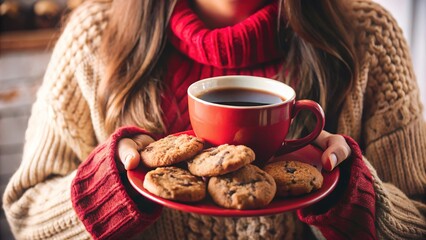 Warm coffee and cookies enjoyed by a woman in a cozy sweater on a chilly afternoon