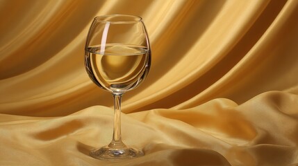 Glass of White Wine, Clear Crystal Goblet with Golden Liquid, on Yellow Silk Fabric Background, Close Up, copy space
