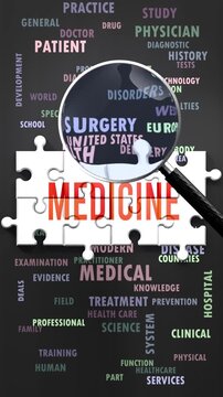 Medicine under magnifying glass, being researched, studied and examined. Most important subjects and ideas closely related to medicine written around a puzzle to symbolize complexity of medicine.