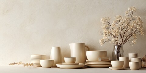 Beige ceramic tableware and dried flowers on a light beige surface