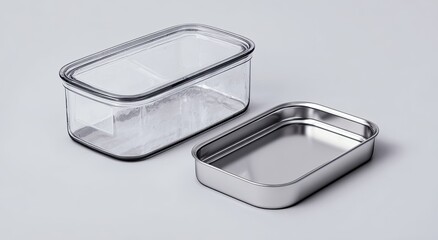 Transparent rectangular food container with a stainless steel base