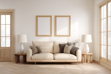 Cozy living room, neutral tones, minimalist decor