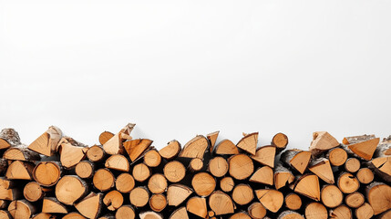Stack of Split Firewood Log Pile Against a Clean White Background: Rustic Wood Texture
