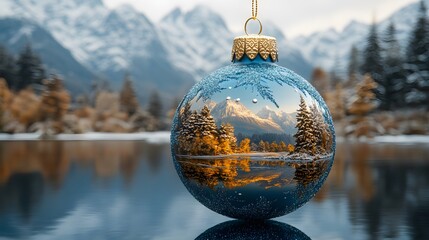 Beautiful blue ornament reflecting snowy mountains and golden trees by a tranquil lake in winter scenery