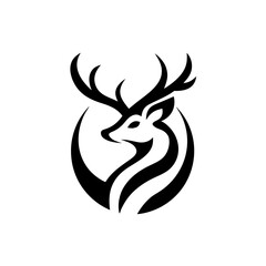 Stylized black and white deer head with antlers logo on transparent background