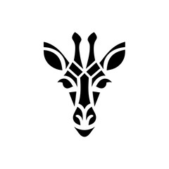 Stylized giraffe head in black and white illustration on transparent background