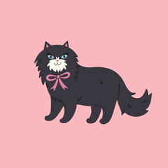 A cute black long-haired cat with a bow on its neck. Vector graphics.