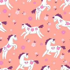 Seamless pattern with white horses and flowers. Vector graphics.