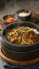 Sizzling dolsot bulgogi served in a traditional Korean stone bowl with colorful vegetables and rice