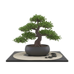 A Realistic 3D Render Of A Small Green Bonsai Tree In A Dark Pot On A Zen Garden Sand Tray With Smooth River Stones