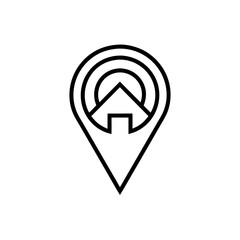 Outline of house inside location pin with signal waves on transparent background