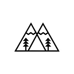 Two mountains with trees in a simple outline drawing on transparent background