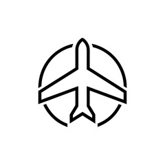 Airplane icon inside a circle simple black and white art on transparent background