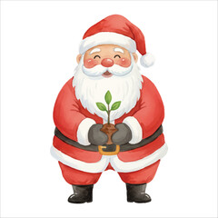 Watercolor Santa Claus Planting Tree Vector Illustration, Eco Friendly Christmas Character
