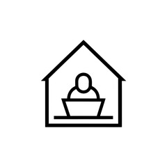 Person working on laptop inside a house line drawing on transparent background