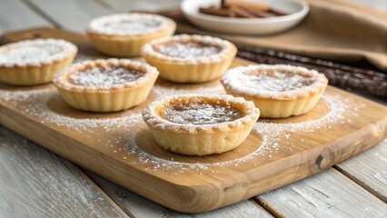 Delicious butter tarts arranged artistically on a rustic wooden board, showcasing delightful baked treats